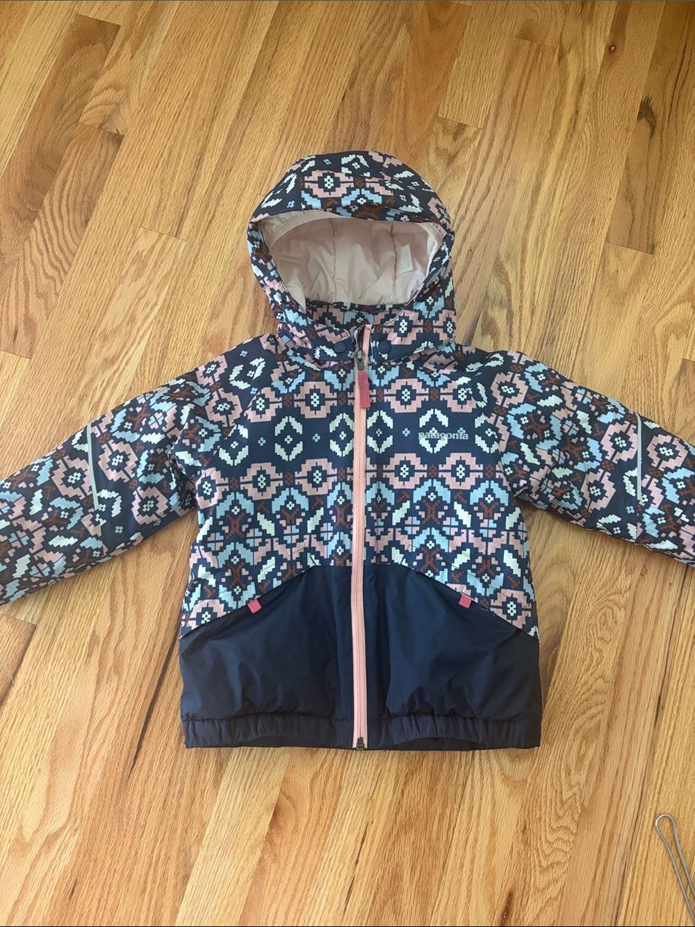 Patagonia Snow Pile Girls' Hooded Printed Rain Jacket - Navy, Pink & Light Blue